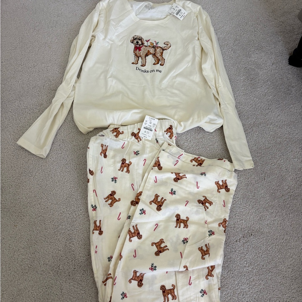 J. Crew Cream Dog Print Kids Pajama Set with Candy Cane Details